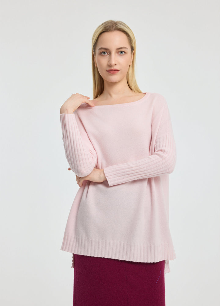 Cashmere Ribbed-Cuff Boat Neck