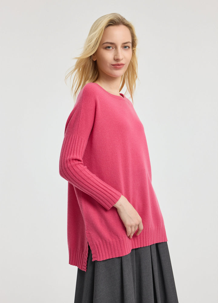 Cashmere Ribbed-Cuff Boat Neck