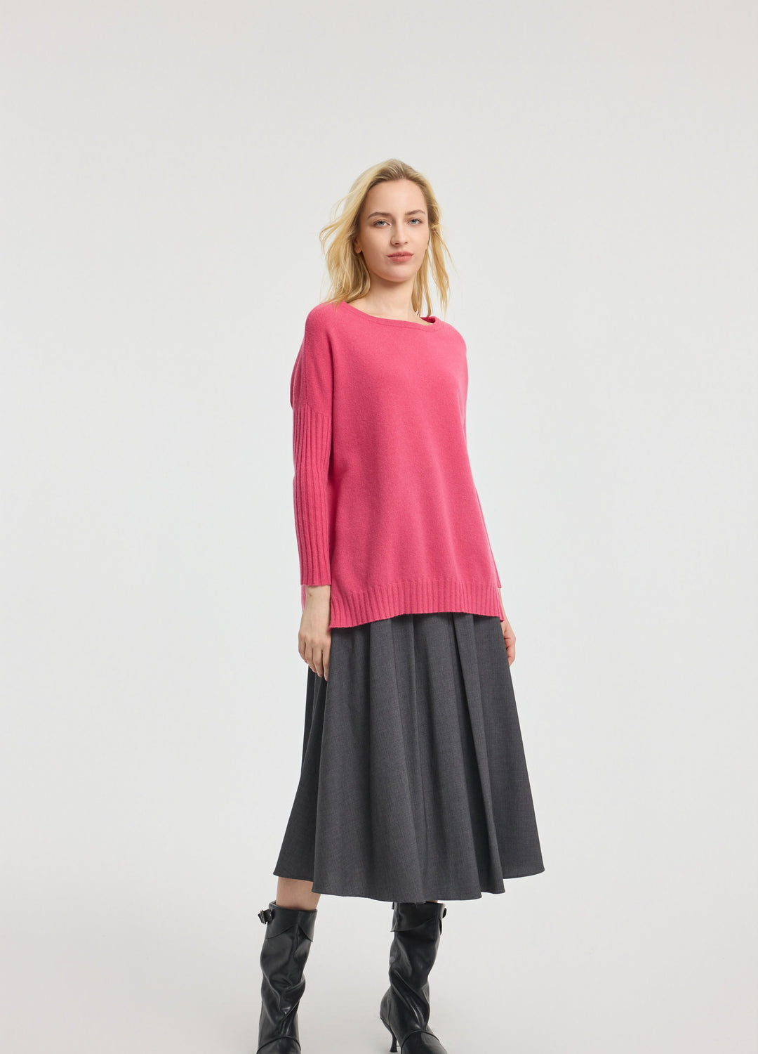 Cashmere Ribbed-Cuff Boat Neck