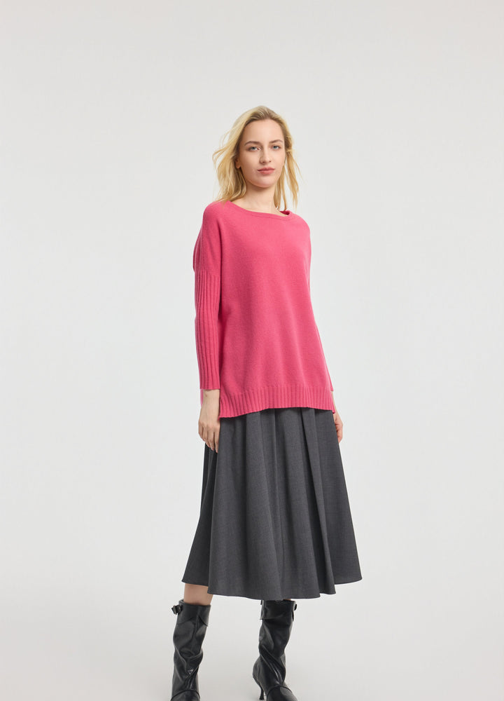 Cashmere Ribbed-Cuff Boat Neck
