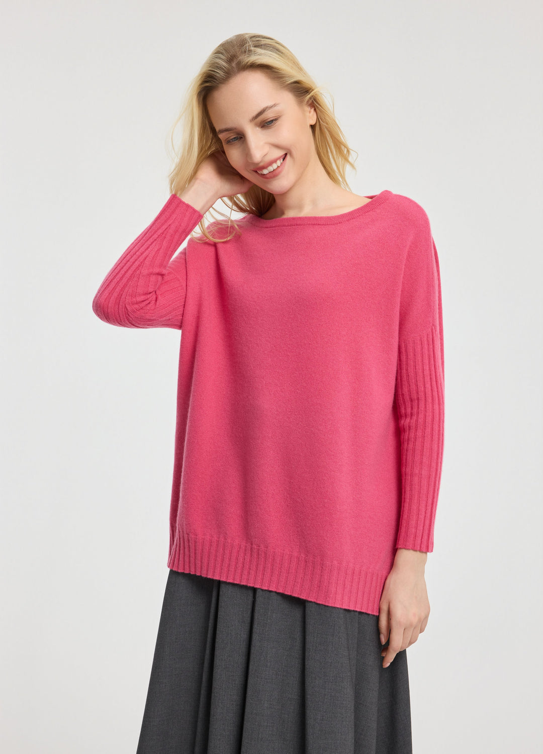 Cashmere Ribbed-Cuff Boat Neck