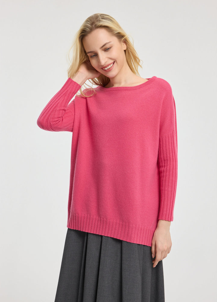 Cashmere Ribbed-Cuff Boat Neck