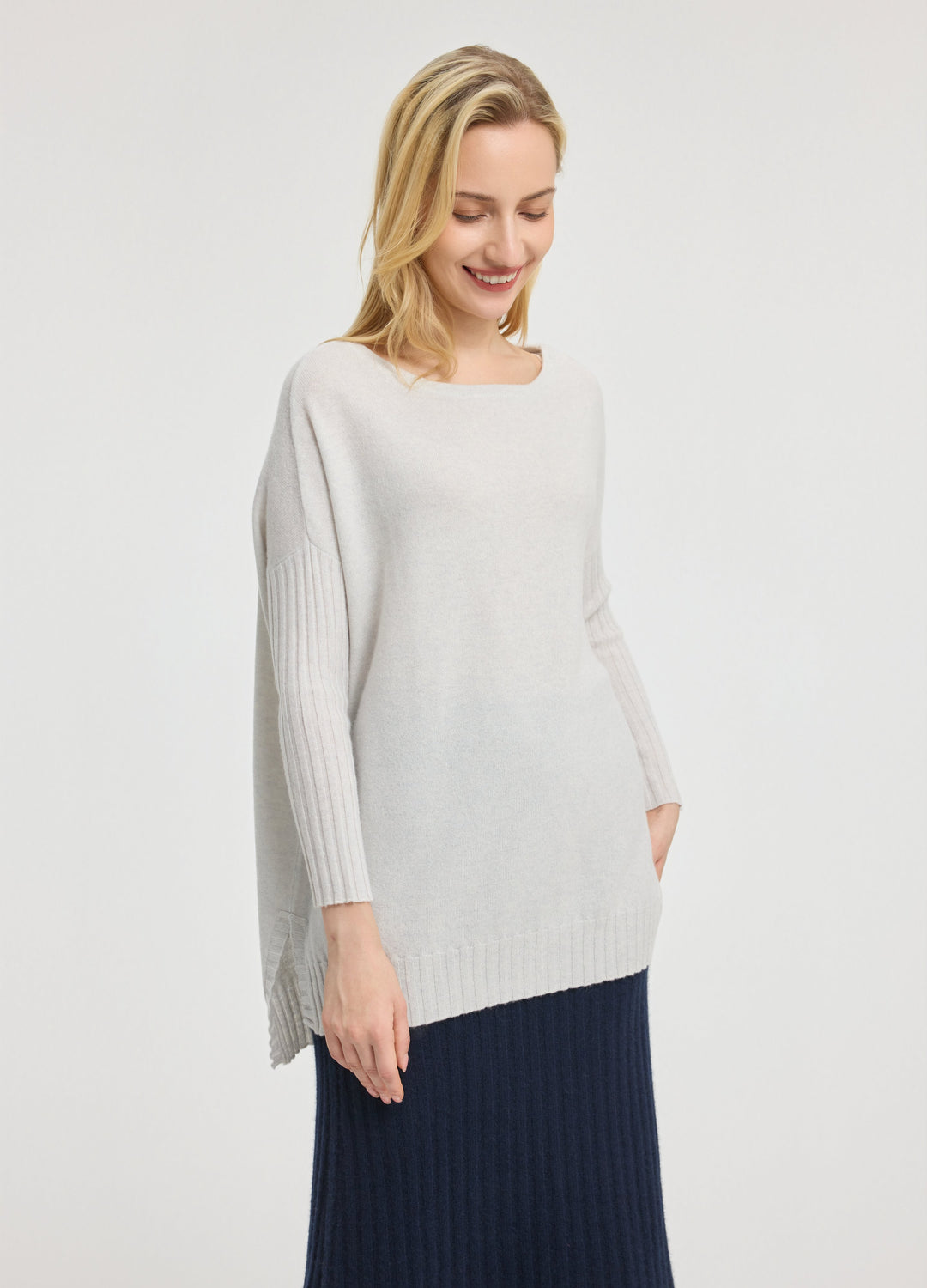 Cashmere Ribbed-Cuff Boat Neck