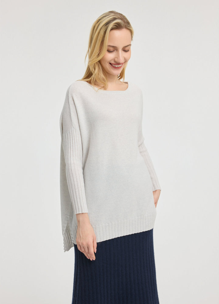 Cashmere Ribbed-Cuff Boat Neck