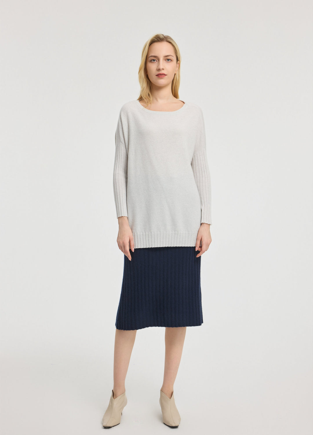 Cashmere Ribbed-Cuff Boat Neck