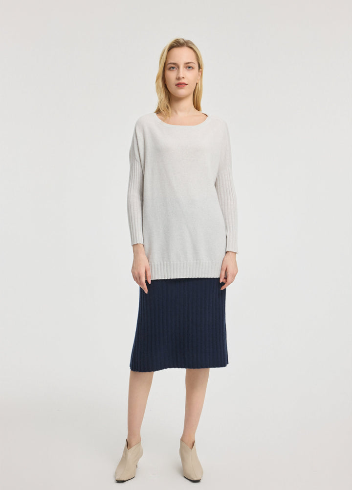 Cashmere Ribbed-Cuff Boat Neck