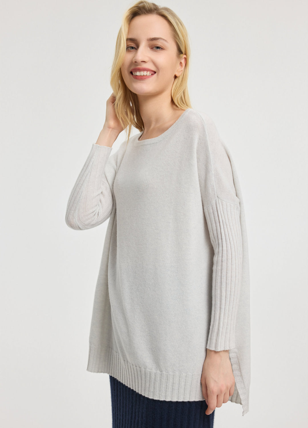 Cashmere Ribbed-Cuff Boat Neck