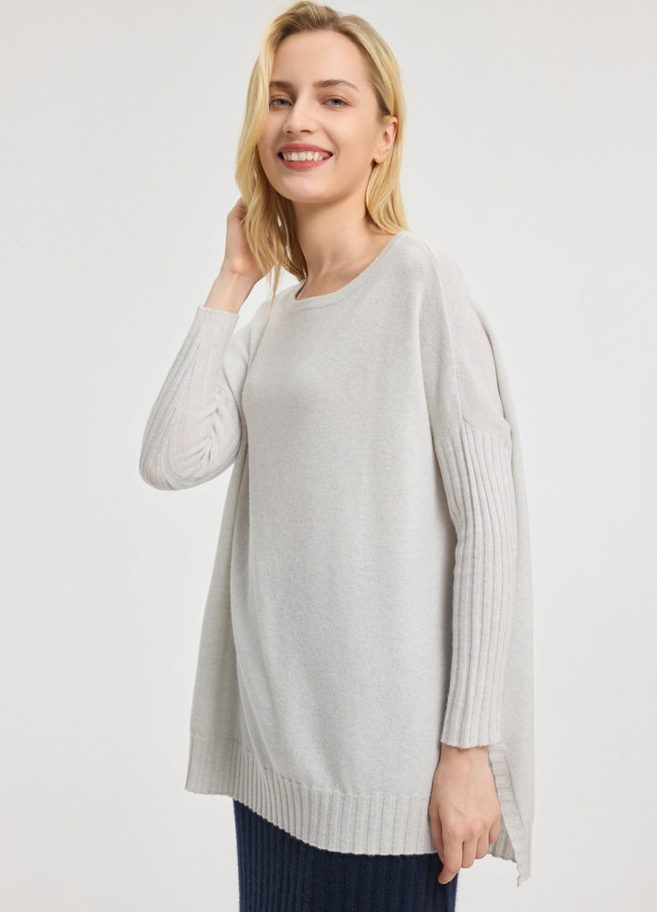 Cashmere Ribbed-Cuff Boat Neck