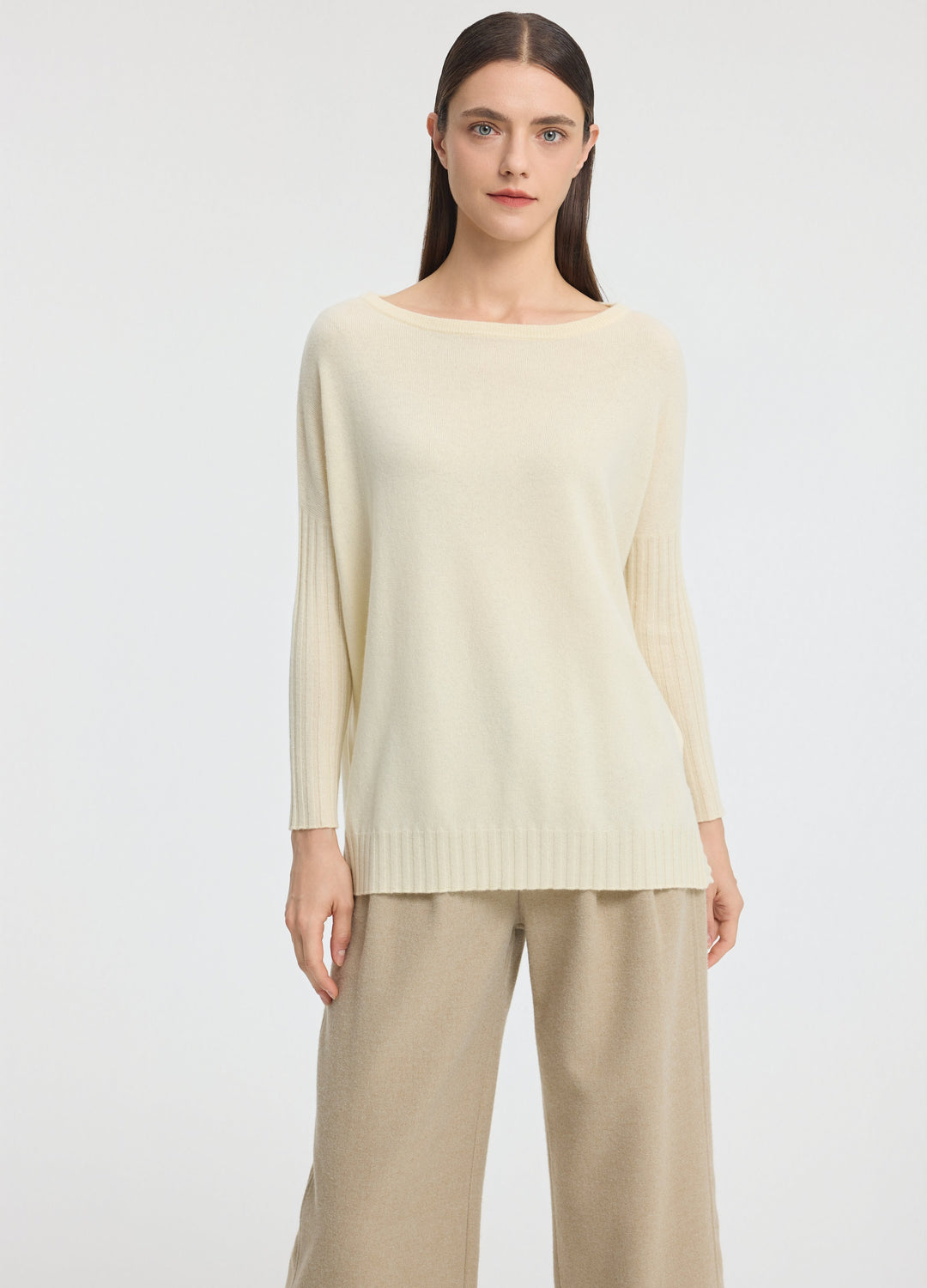 Cashmere Ribbed-Cuff Boat Neck