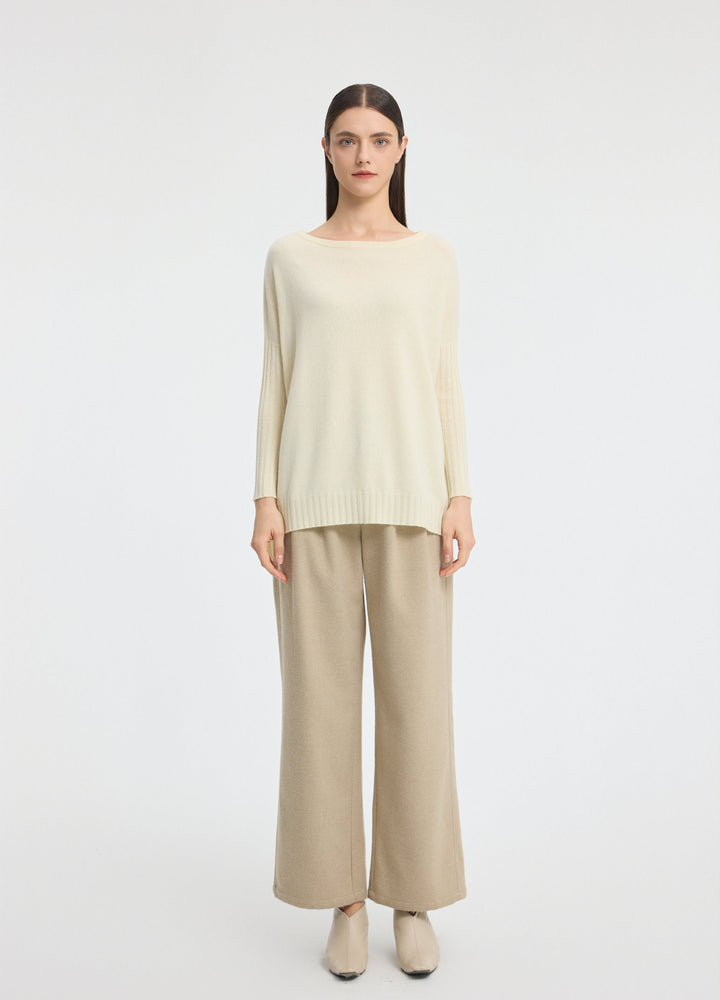 Cashmere Ribbed-Cuff Boat Neck