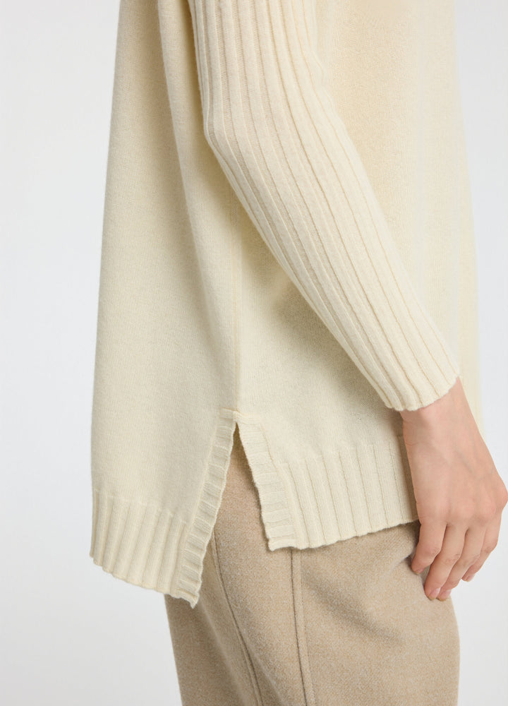 Cashmere Ribbed-Cuff Boat Neck