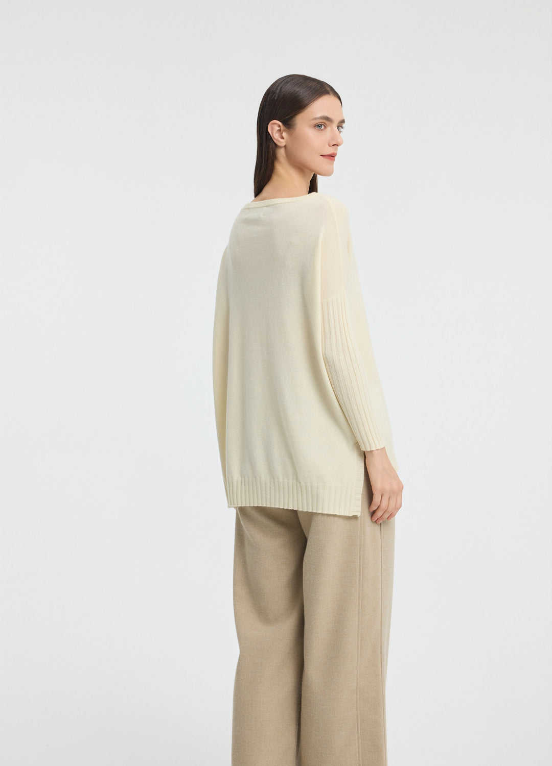 Cashmere Ribbed-Cuff Boat Neck