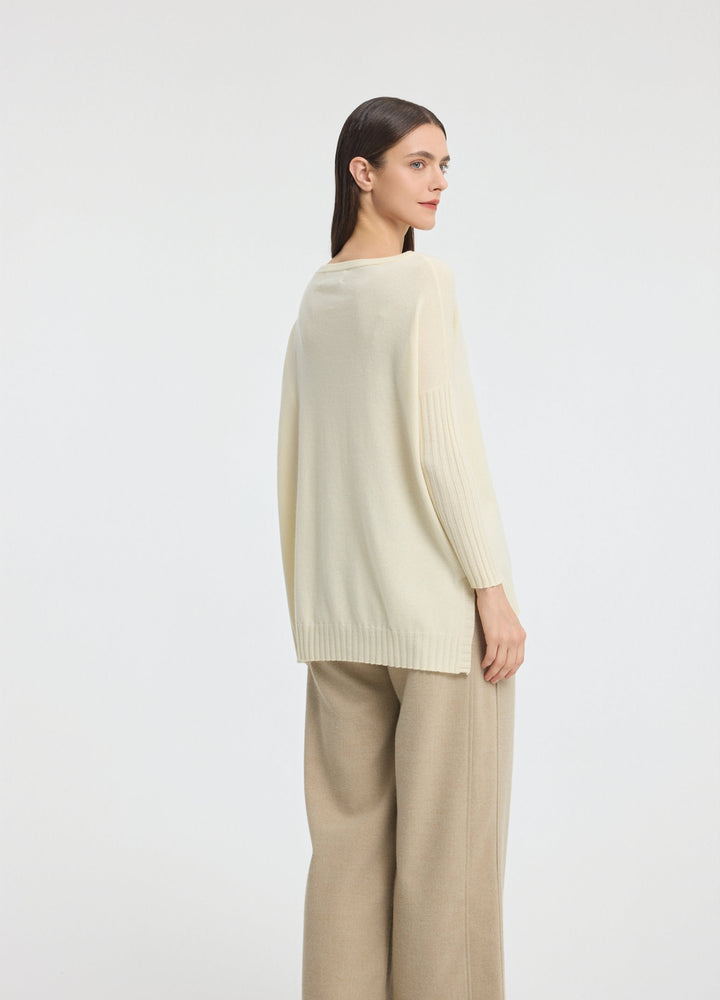 Cashmere Ribbed-Cuff Boat Neck