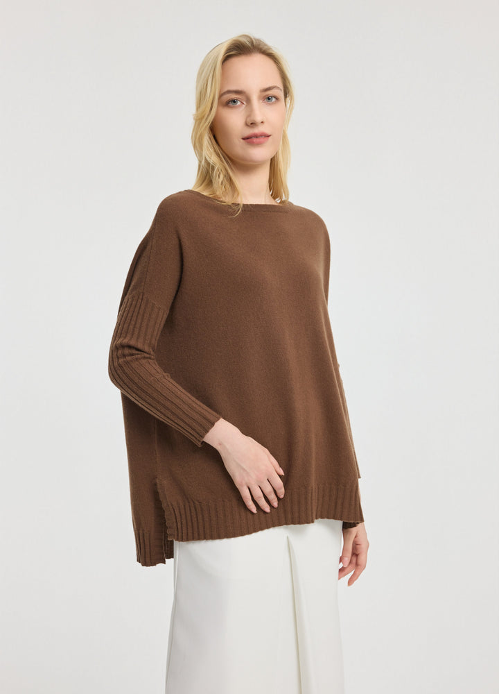 Cashmere Ribbed-Cuff Boat Neck