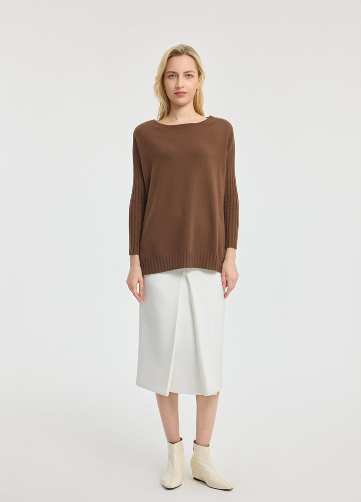 Cashmere Ribbed-Cuff Boat Neck