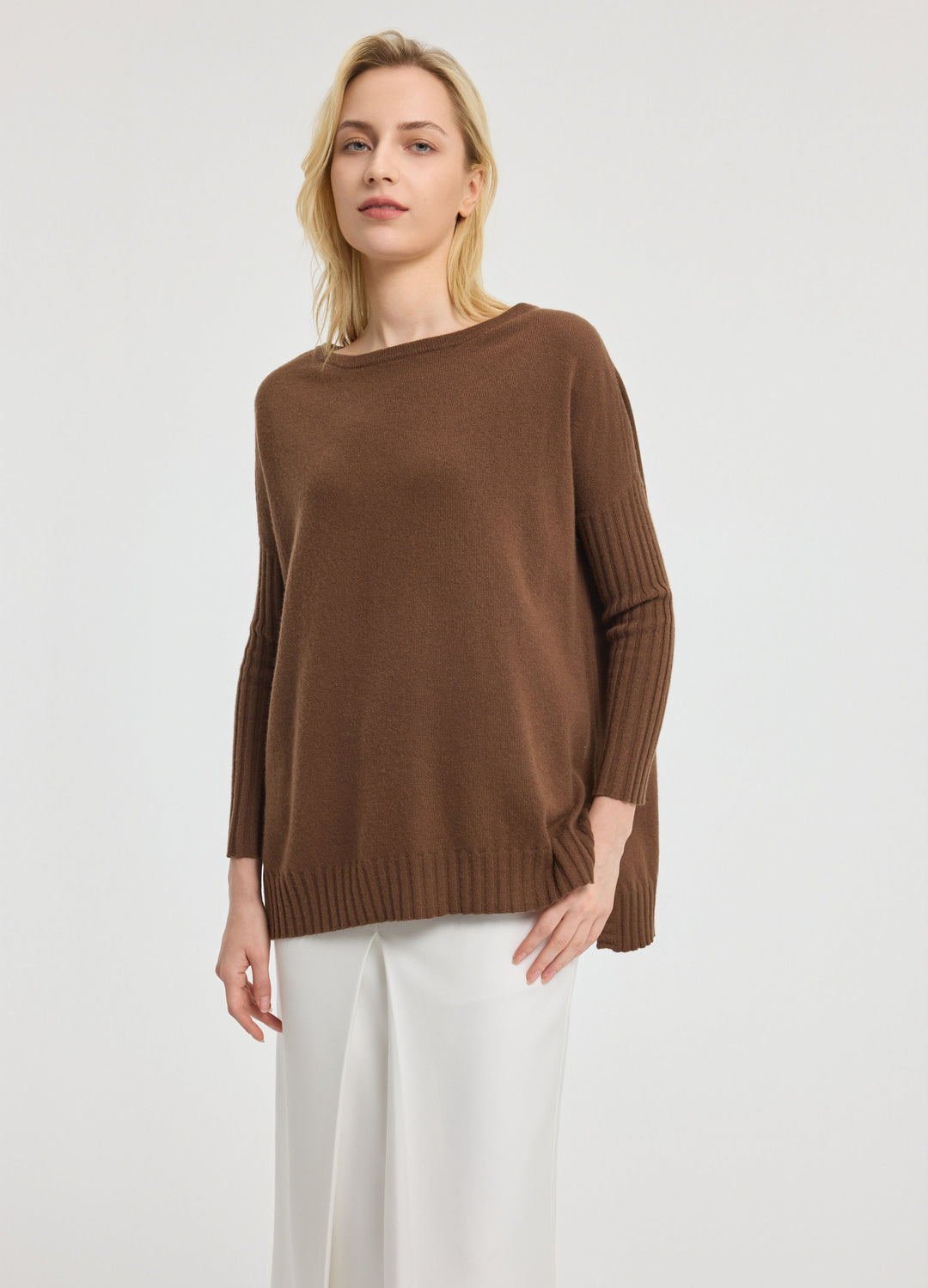 Cashmere Ribbed-Cuff Boat Neck