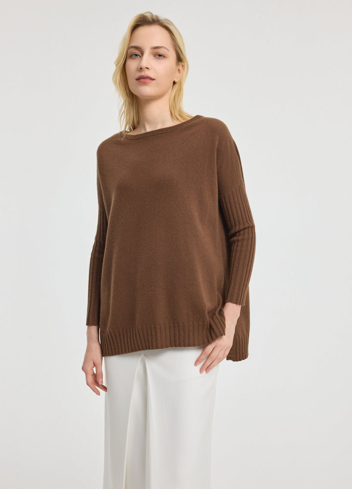 Cashmere Ribbed-Cuff Boat Neck
