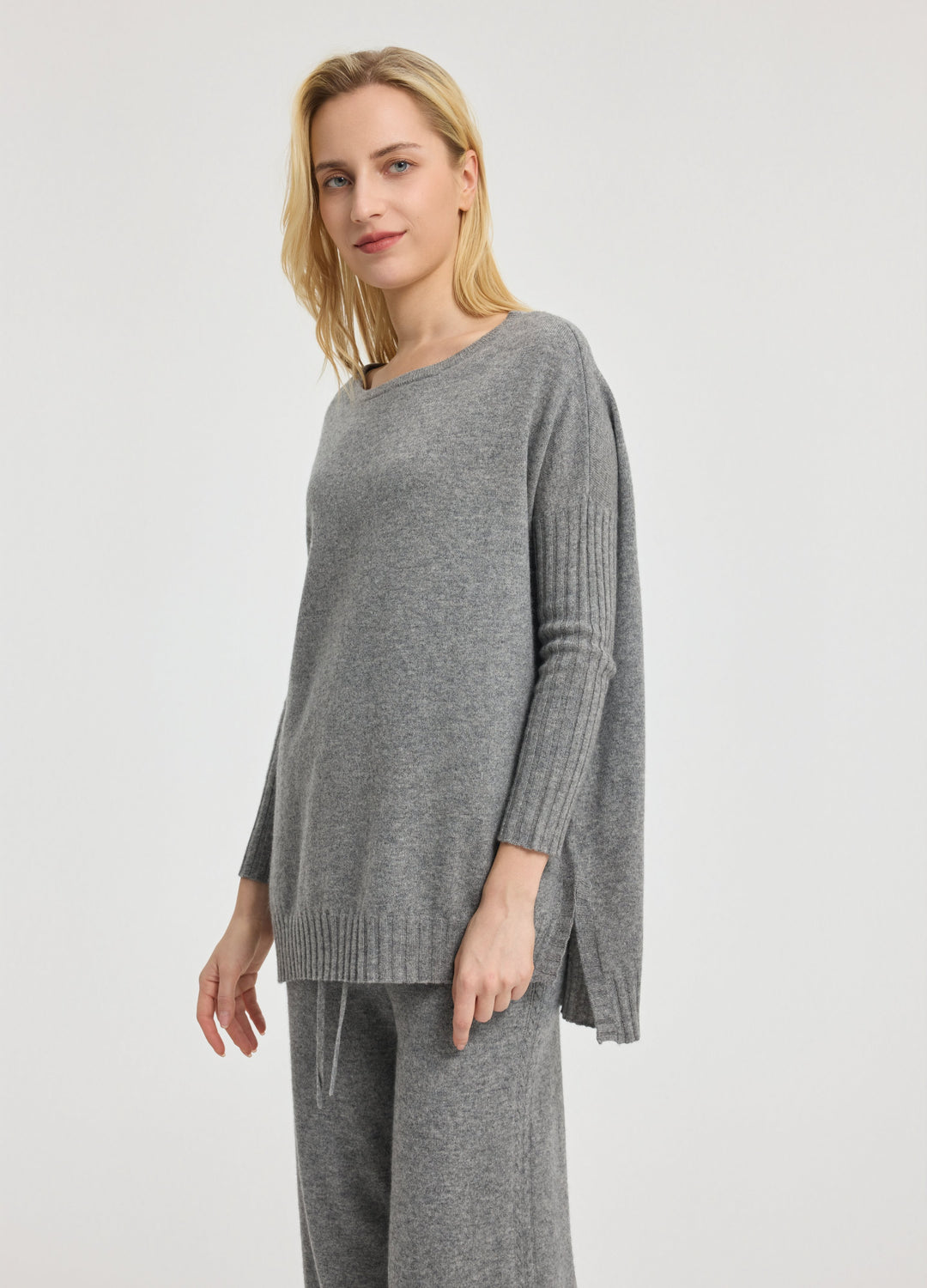 Cashmere Ribbed-Cuff Boat Neck