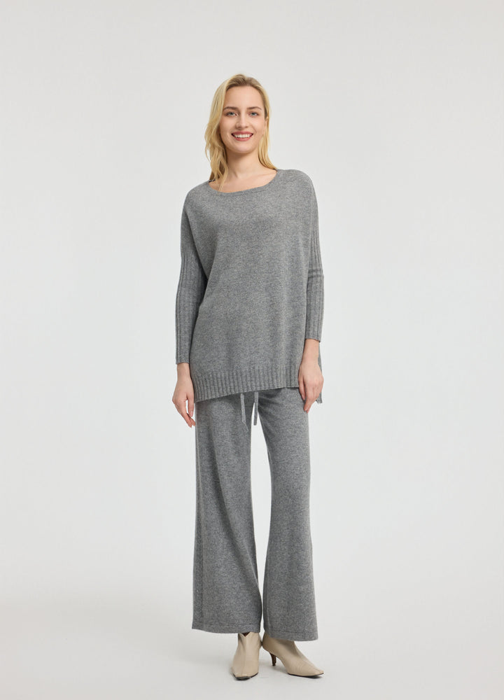 Cashmere Ribbed-Cuff Boat Neck