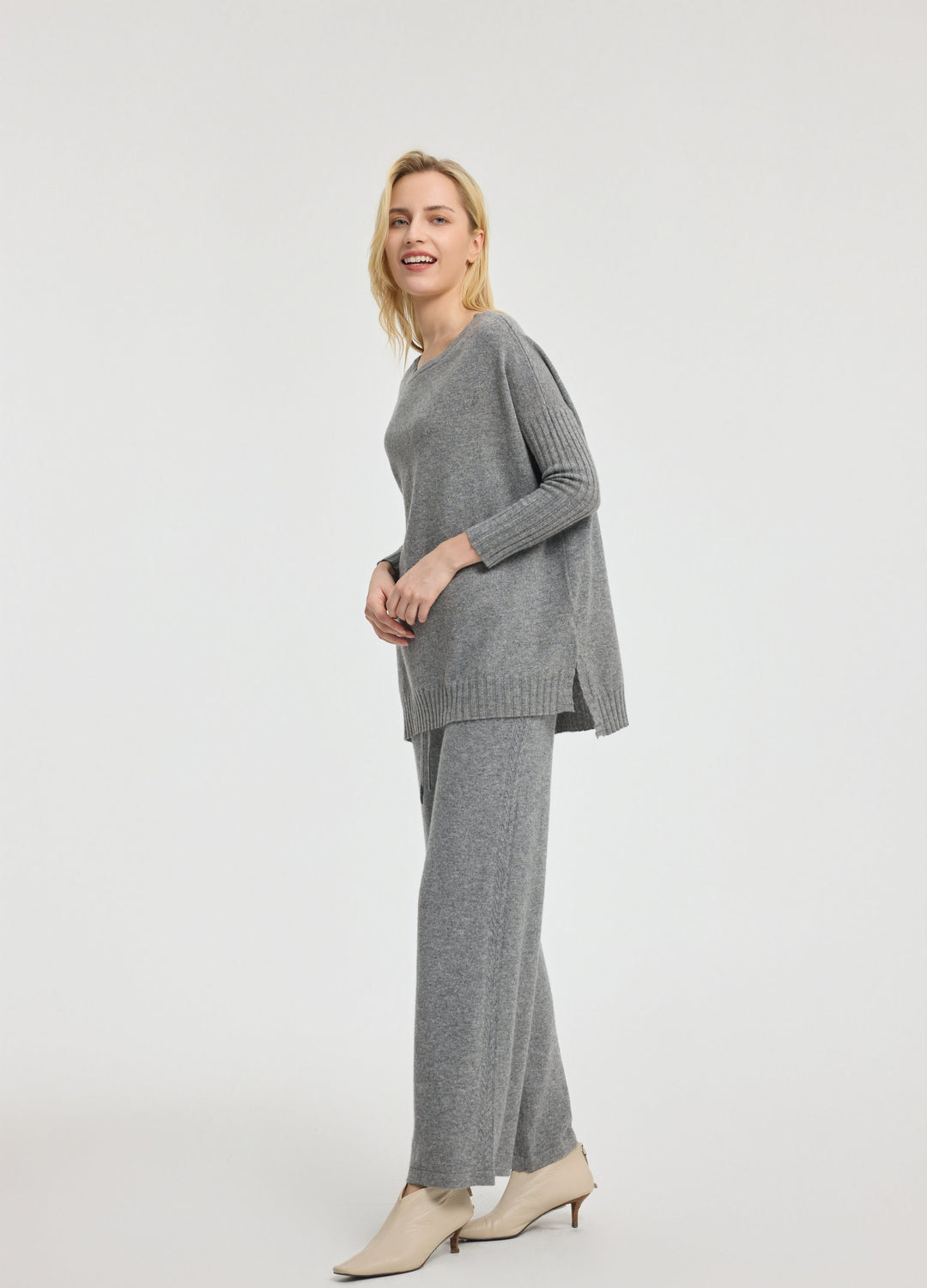 Cashmere Ribbed-Cuff Boat Neck
