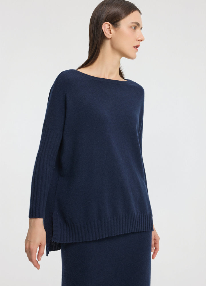 Cashmere Ribbed-Cuff Boat Neck