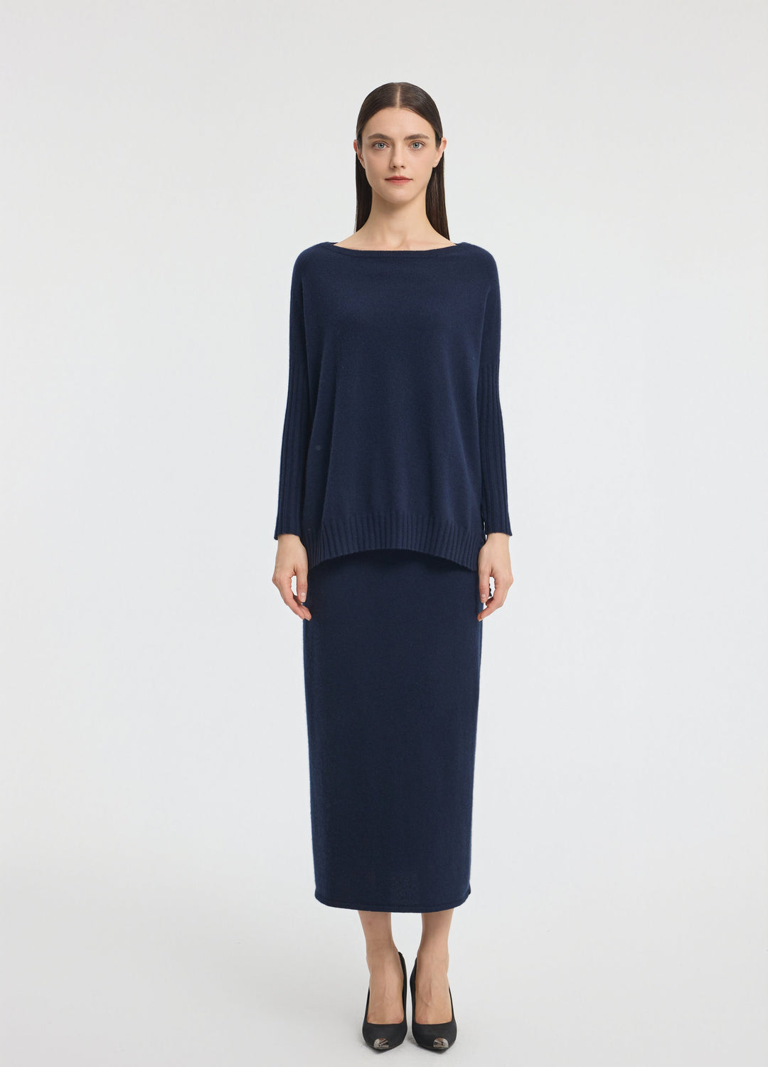 Cashmere Ribbed-Cuff Boat Neck