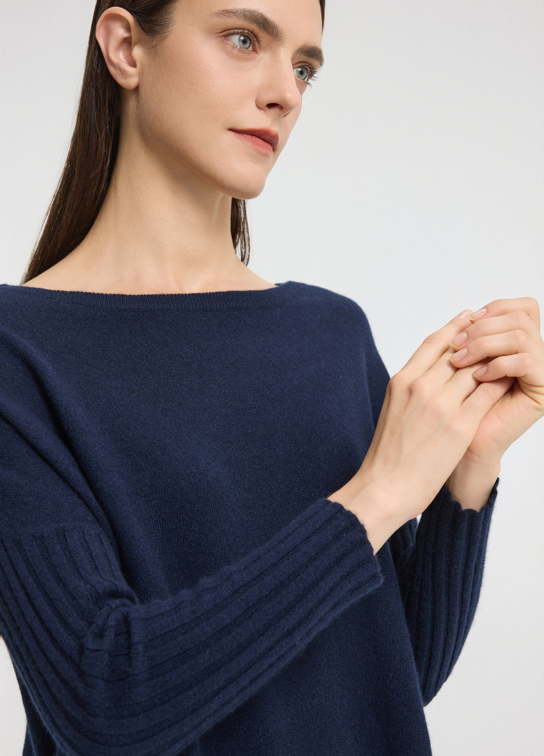 Cashmere Ribbed-Cuff Boat Neck