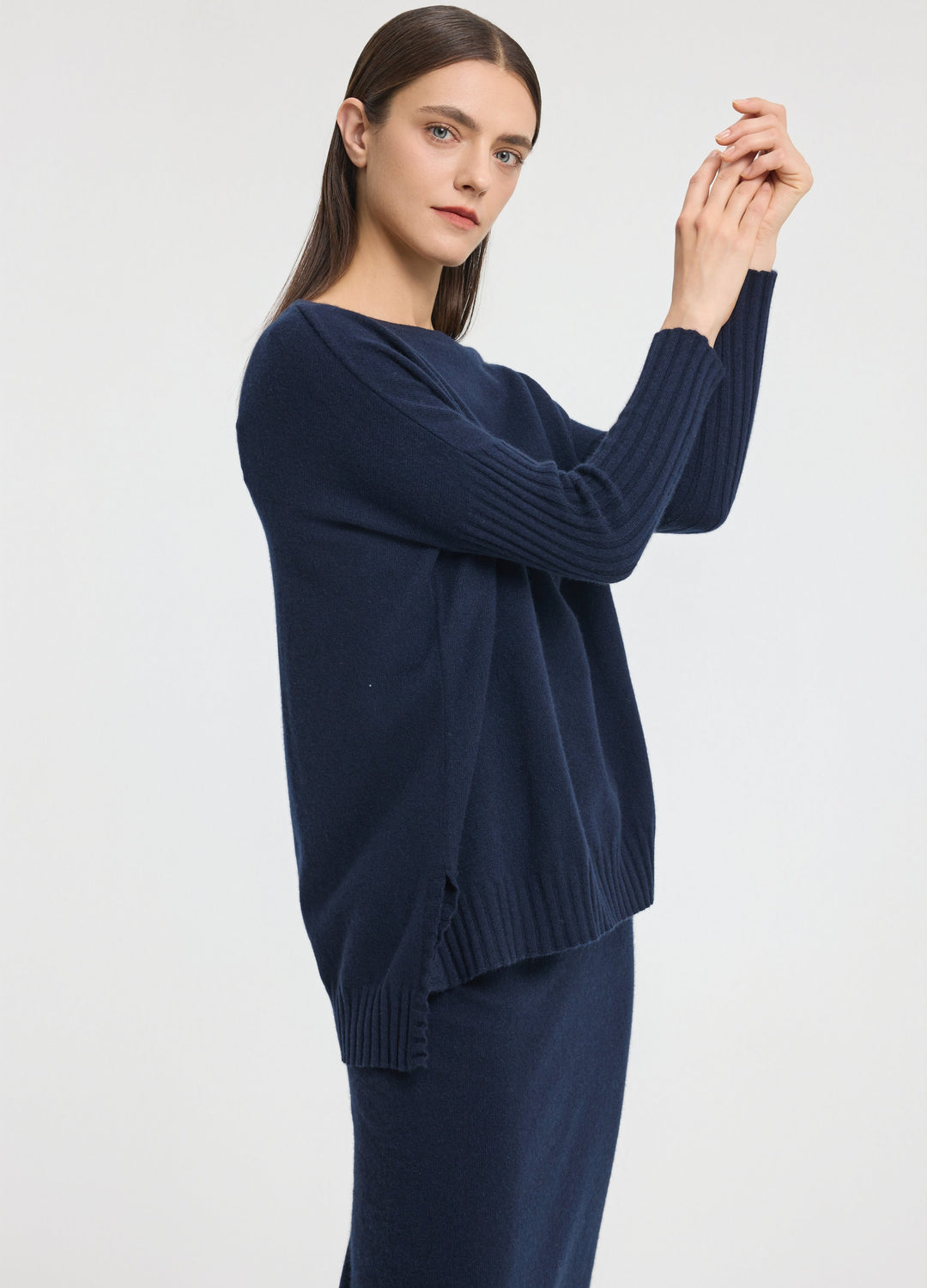 Cashmere Ribbed-Cuff Boat Neck
