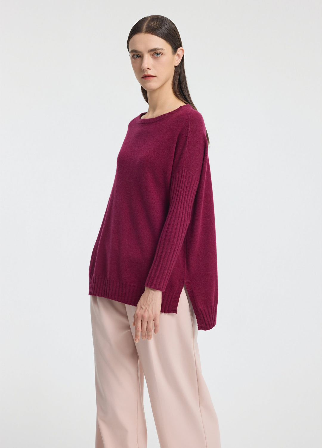 Cashmere Ribbed-Cuff Boat Neck