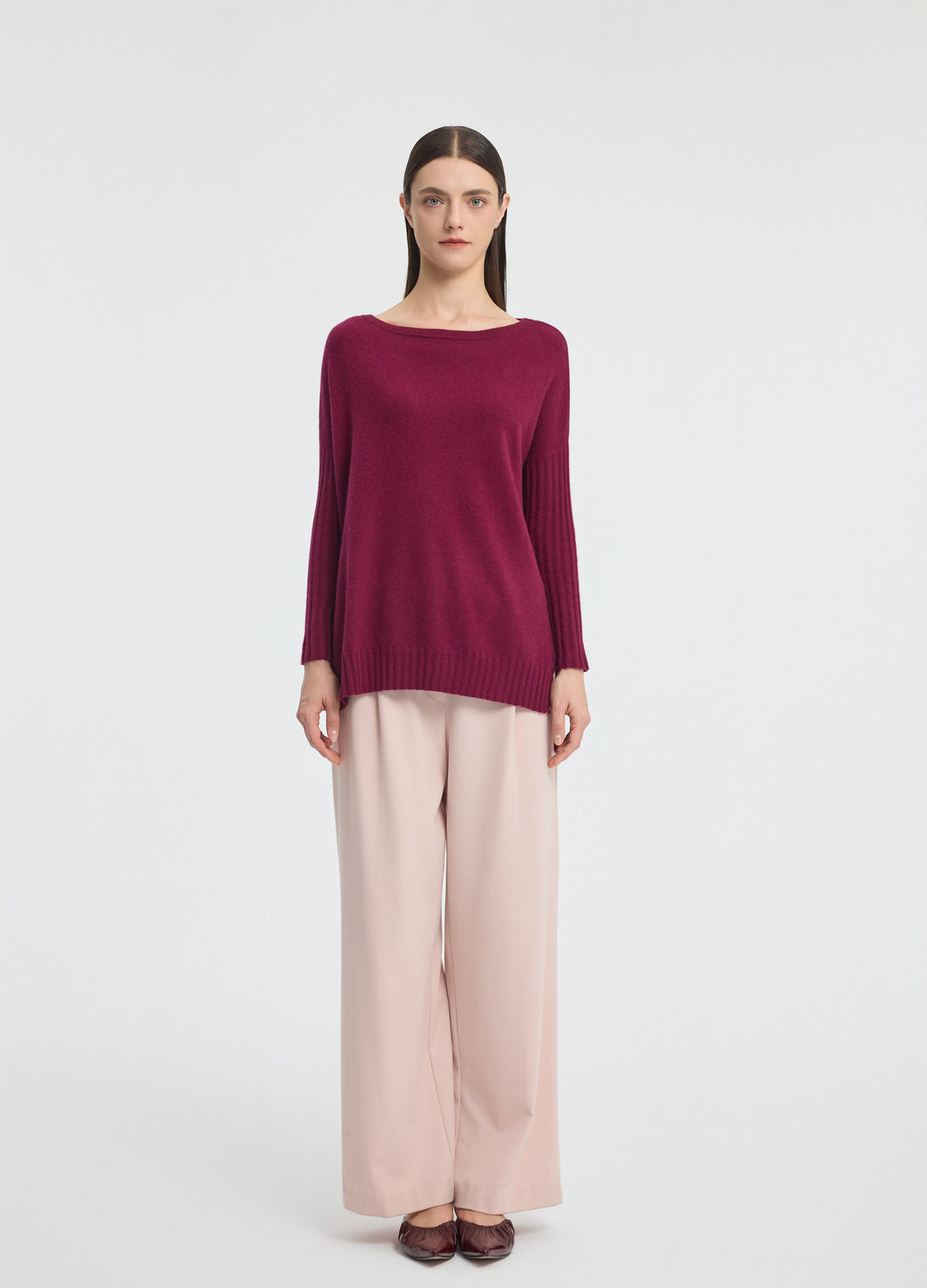 Cashmere Ribbed-Cuff Boat Neck