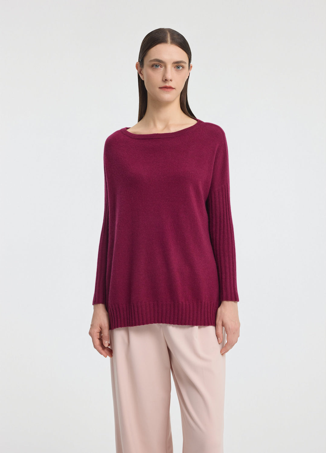 Cashmere Ribbed-Cuff Boat Neck