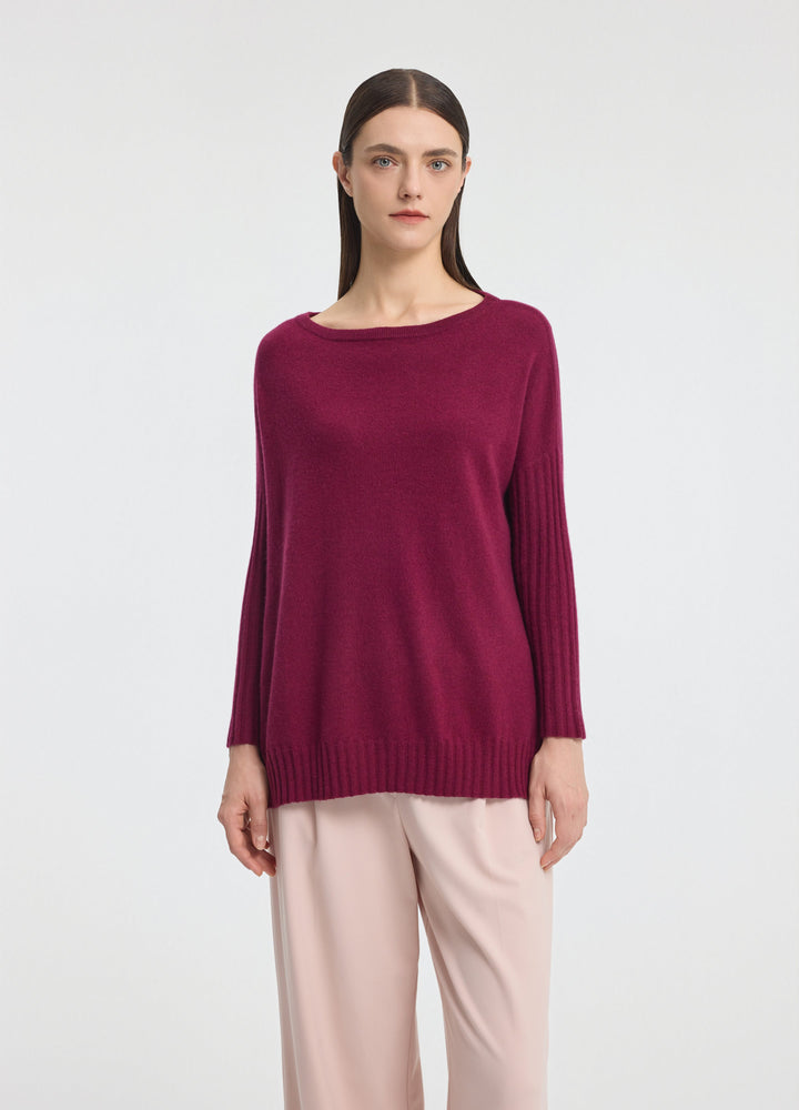 Cashmere Ribbed-Cuff Boat Neck