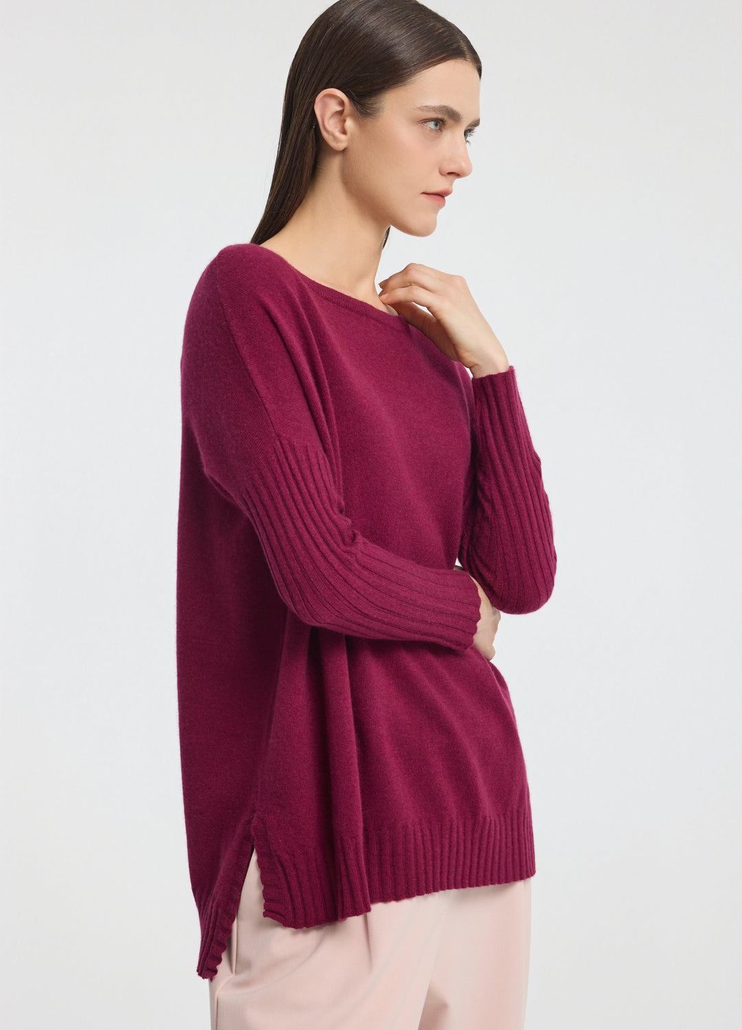 Cashmere Ribbed-Cuff Boat Neck