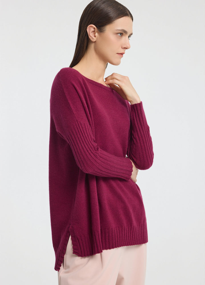 Cashmere Ribbed-Cuff Boat Neck