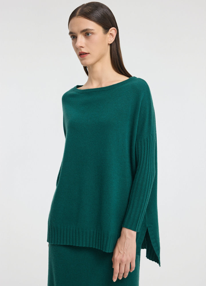 Cashmere Ribbed-Cuff Boat Neck