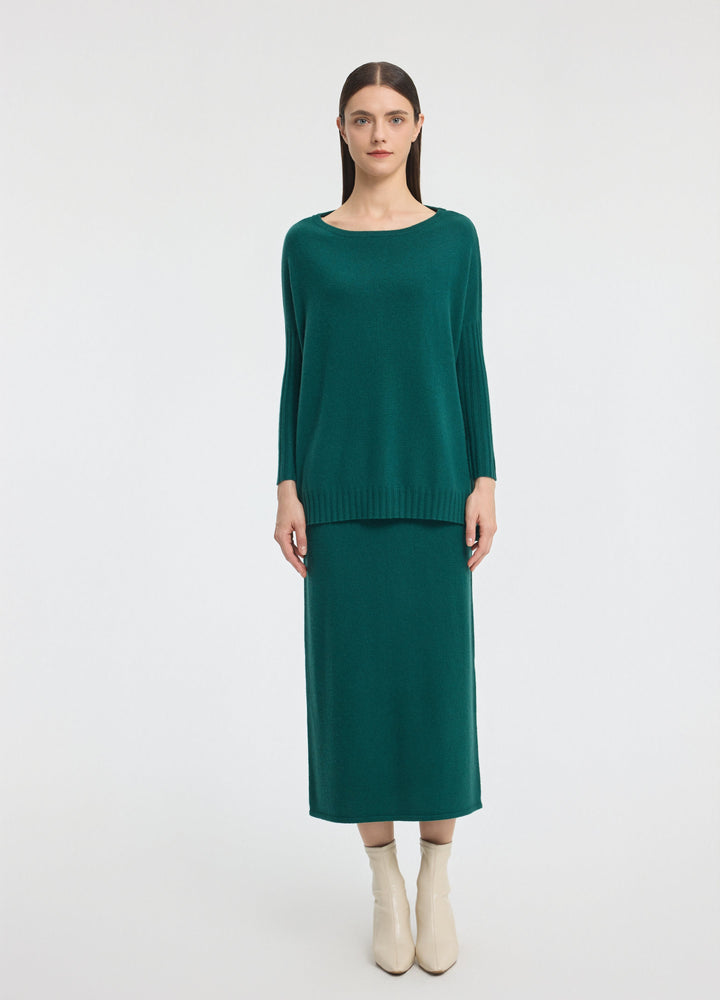 Cashmere Ribbed-Cuff Boat Neck