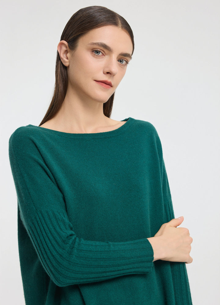 Cashmere Ribbed-Cuff Boat Neck