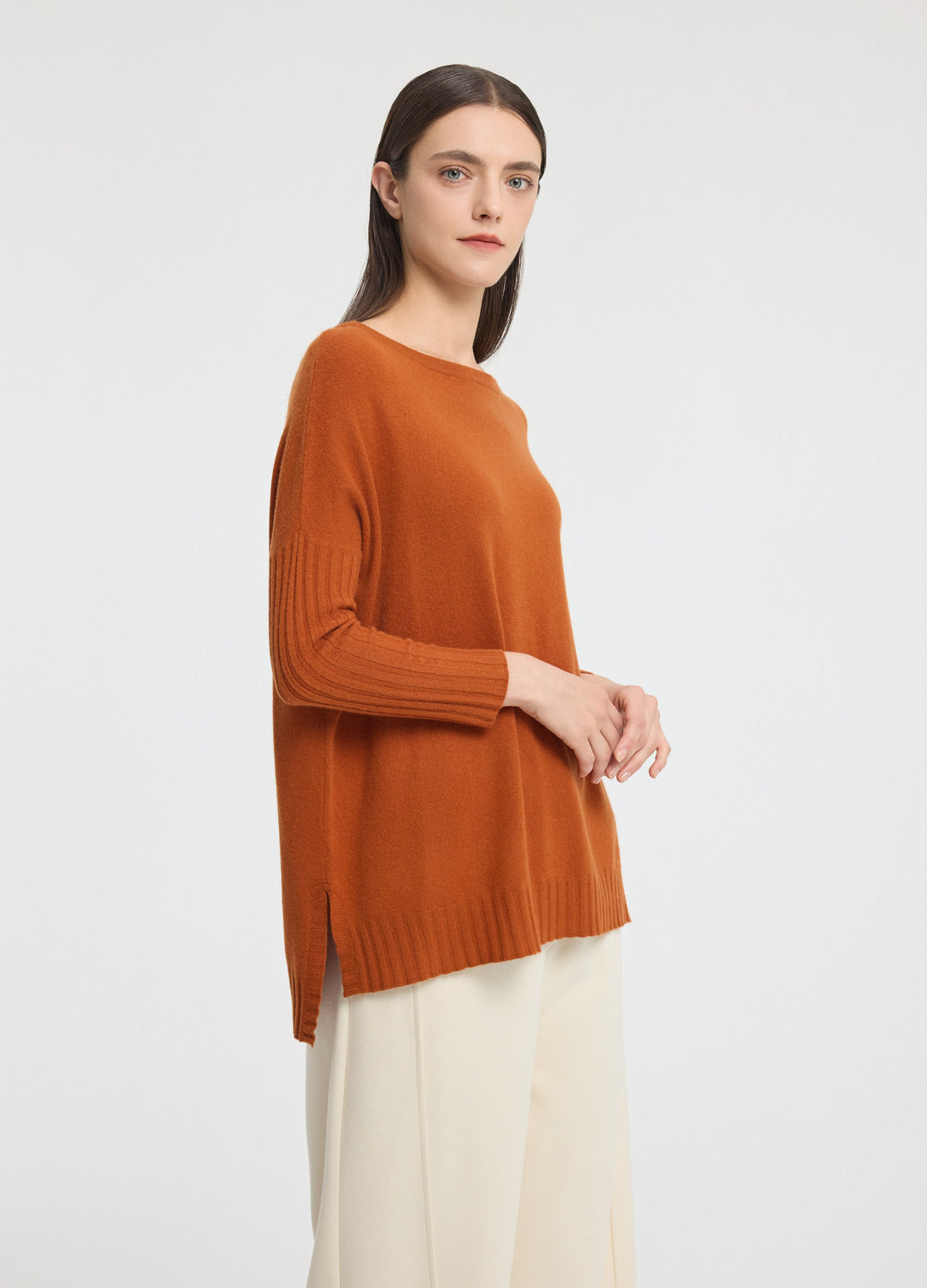 Cashmere Ribbed-Cuff Boat Neck