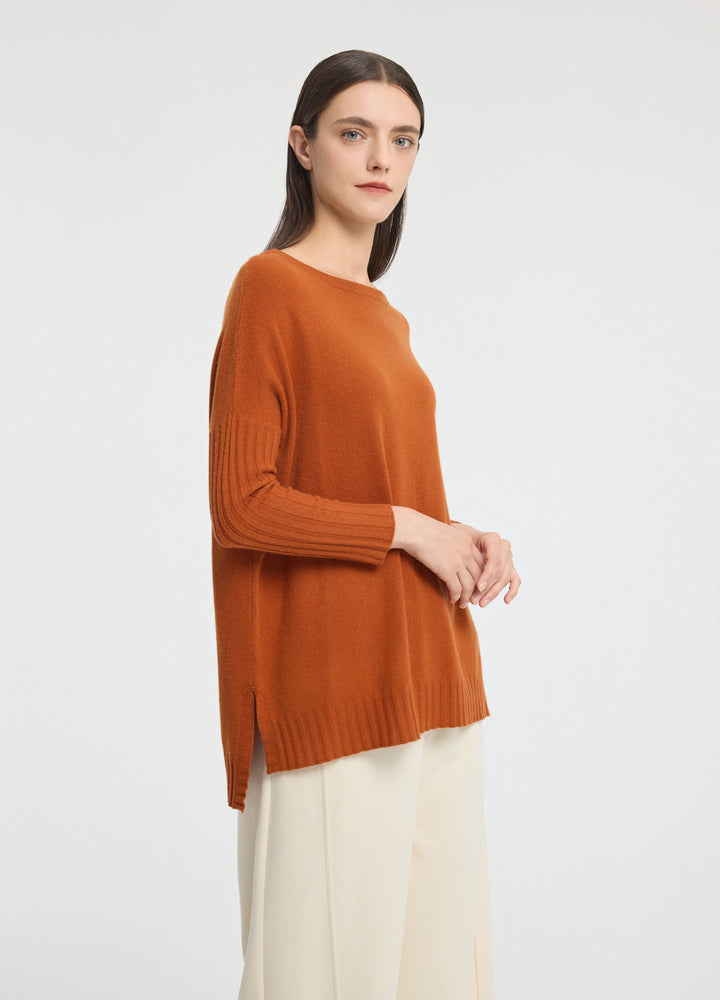 Cashmere Ribbed-Cuff Boat Neck