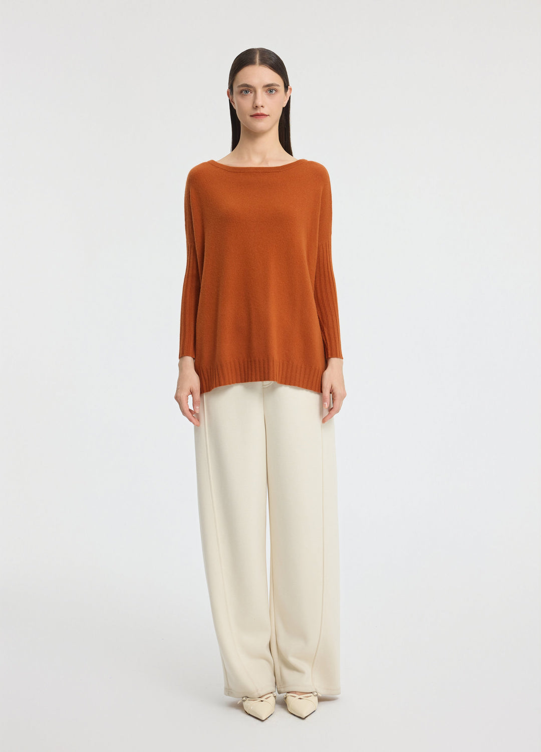 Cashmere Ribbed-Cuff Boat Neck