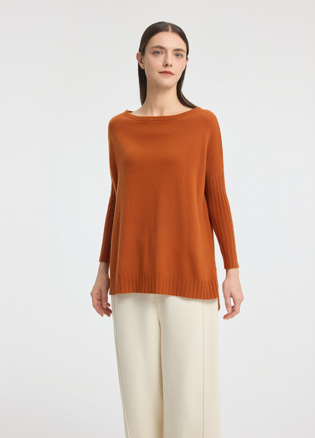 Cashmere Ribbed-Cuff Boat Neck