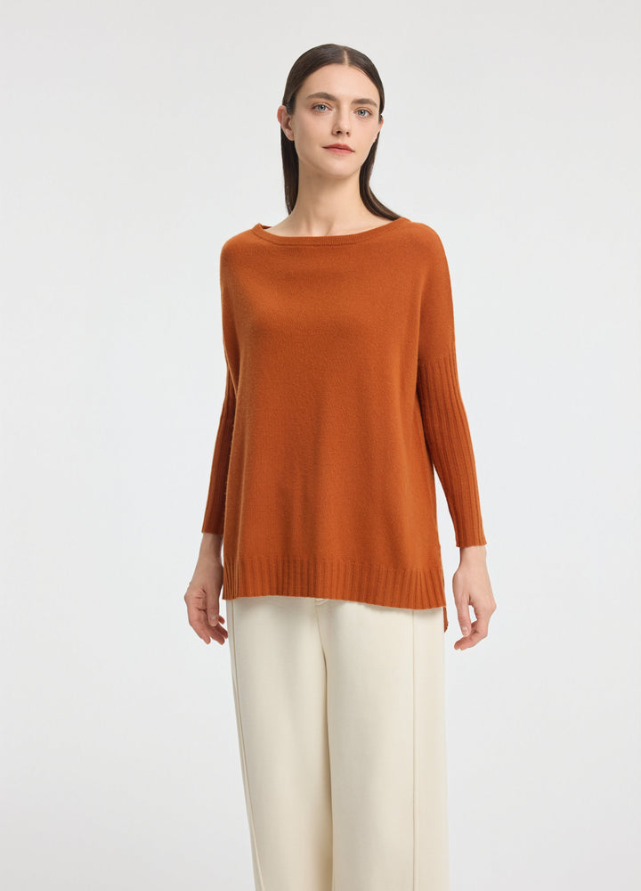 Cashmere Ribbed-Cuff Boat Neck