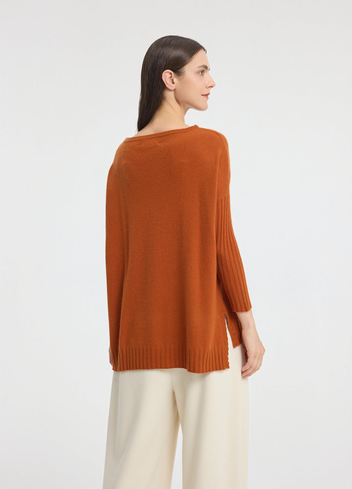 Cashmere Ribbed-Cuff Boat Neck