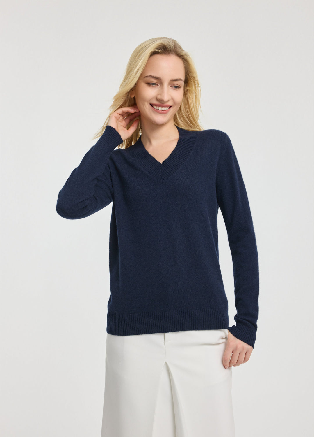 Cashmere Rib-Collar V-Neck