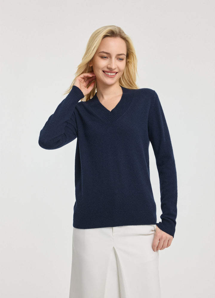 Cashmere Rib-Collar V-Neck