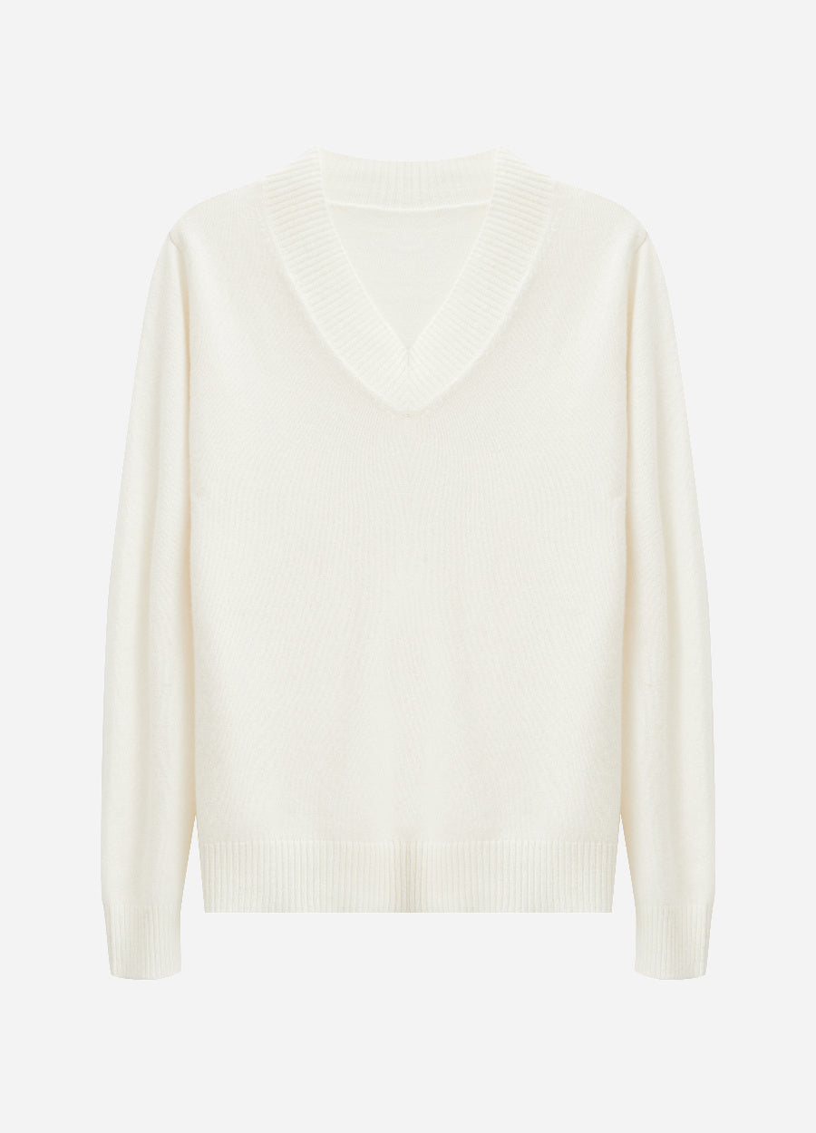 Cashmere Rib-Collar V-Neck