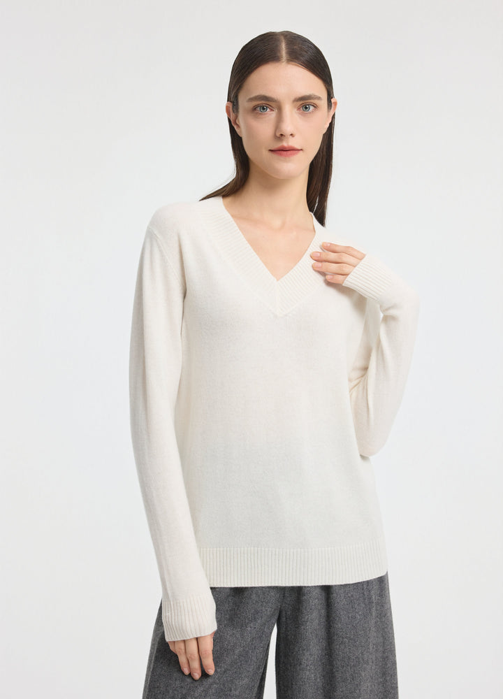 Cashmere Rib-Collar V-Neck