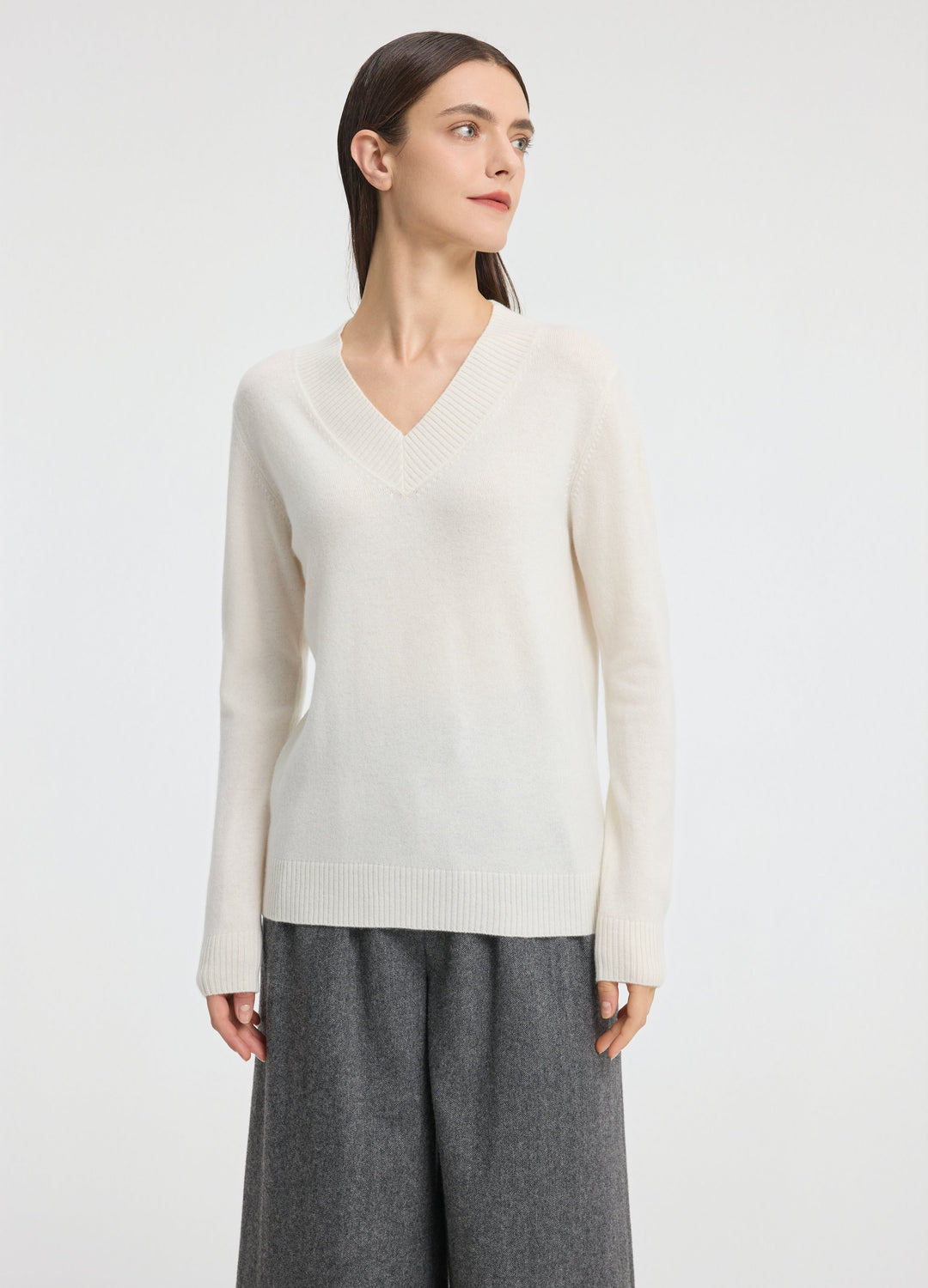 Cashmere Rib-Collar V-Neck