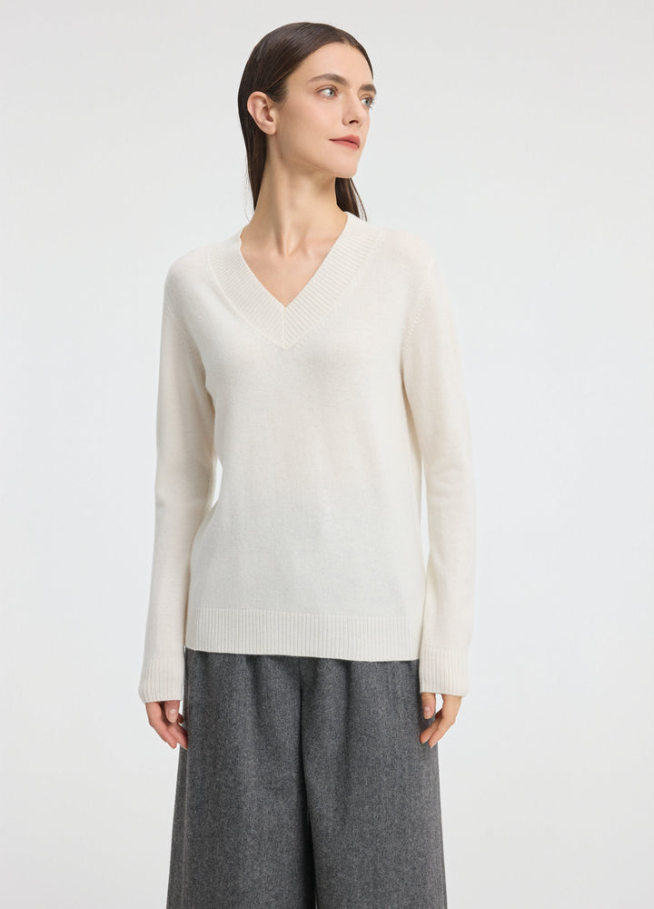 Cashmere Rib-Collar V-Neck