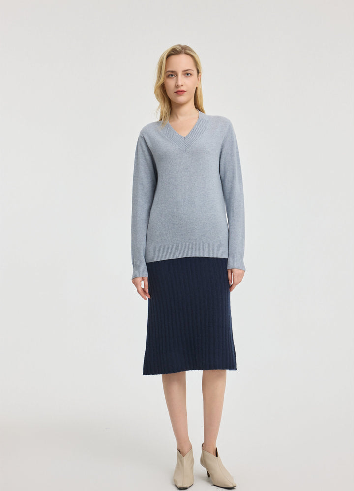 Cashmere Rib-Collar V-Neck